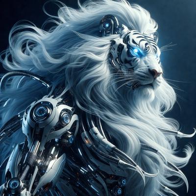The primary subject of the image is a white tiger with a long mane. The tiger is wearing a futuristic, metallic outfit, giving it a unique and striking appearance. The setting is a dark background, which contrasts with the bright white tiger and its metallic attire. The visual style of the image is a combination of digital art and illustration, creating a striking and eye-catching scene. The colors and mood of the image are predominantly dark and mysterious, with